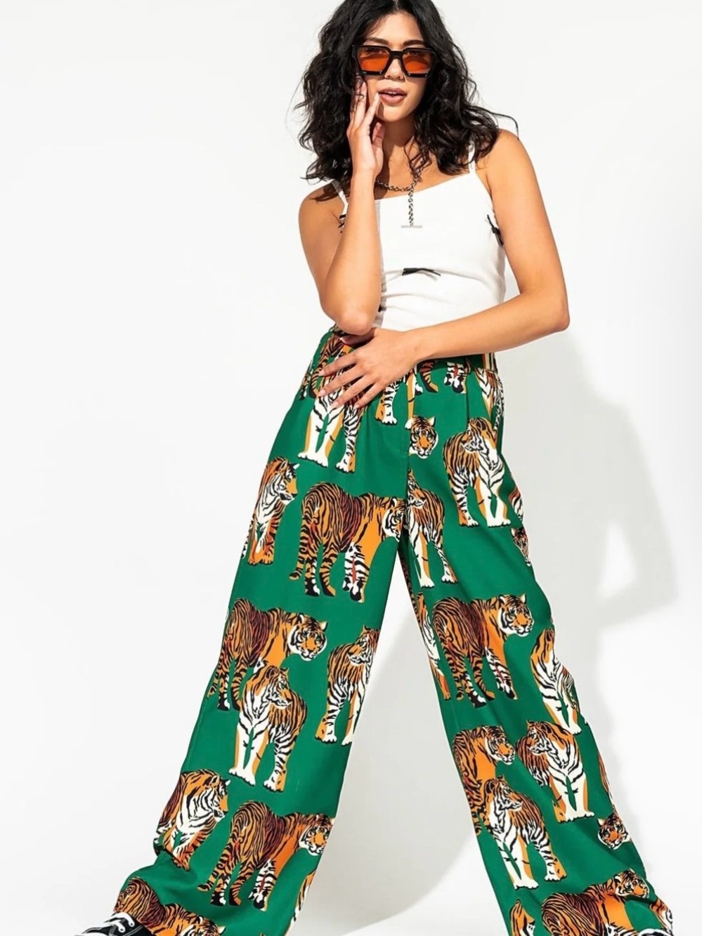 Wide-Leg Dressed in LaLa Tiger Print Pants in Green